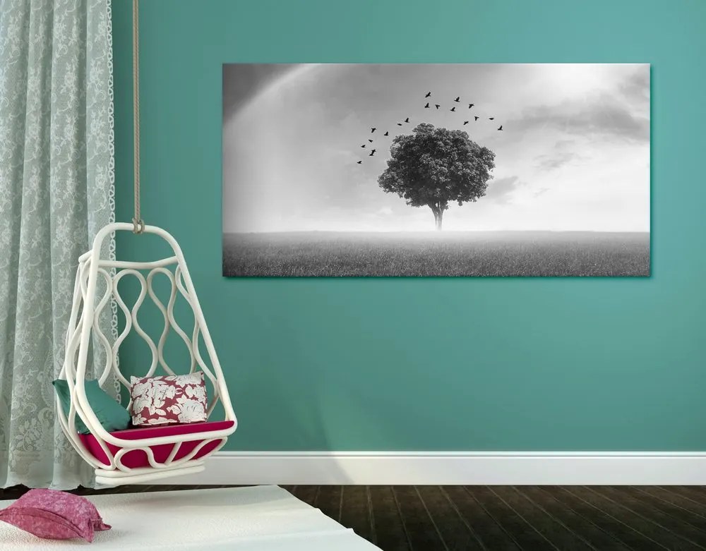 Εικόνα ενός μοναχικού δέντρου σε ένα λιβάδι σε μαύρο & άσπρο - 120x60