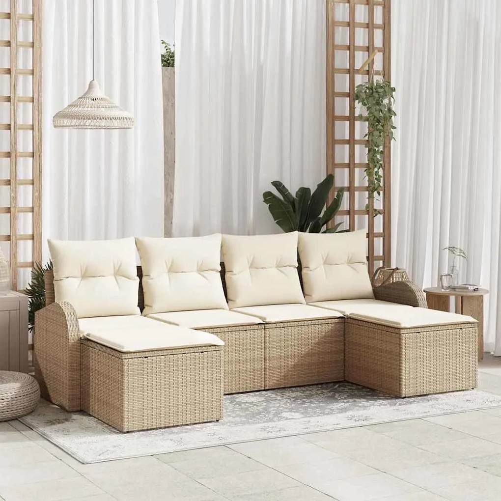vidaXL Σετ Καναπέ Κήπου με μαξιλάρι 6 pcs Μπεζ Πολυ ράταν