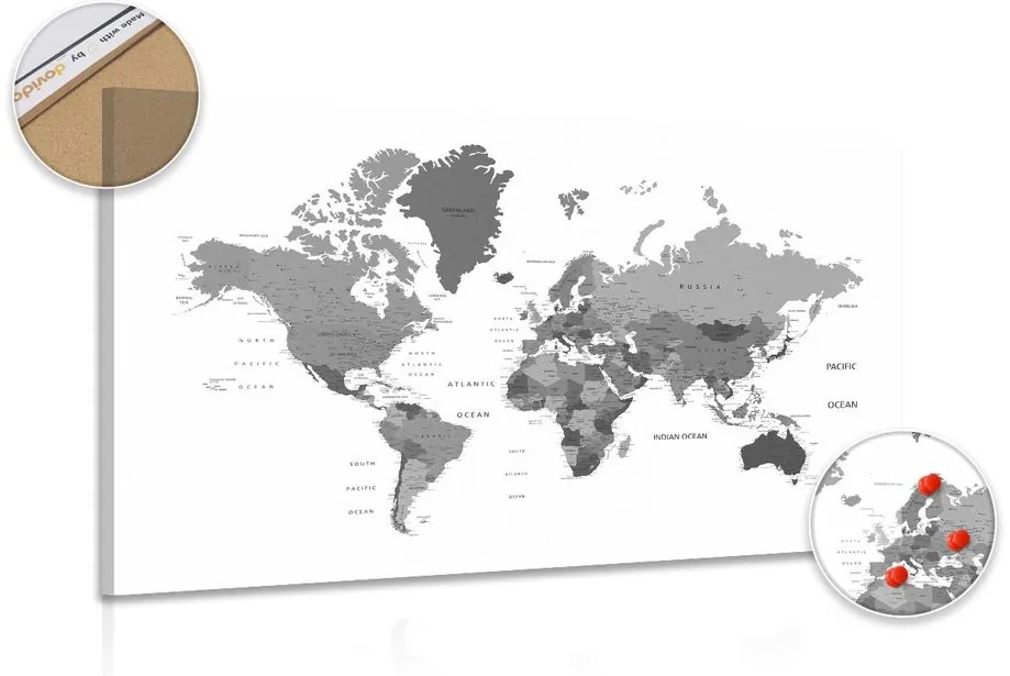 Εικόνα στον παγκόσμιο χάρτη φελλού σε μαύρο & άσπρο - 120x80