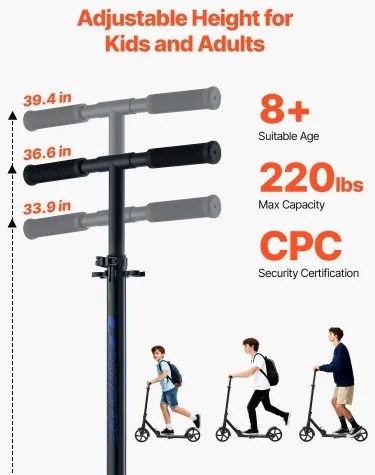 VEVOR Kick Scooter for Kids Ages 8+, Teens &amp; Adults, 2-Wheel Toddler Scooter with Adjustable Height Handlebar, Wide Anti-Slip Deck, Foldable Lightweight for Boys &amp; Girls up to 99.8 kg, Black + Purple