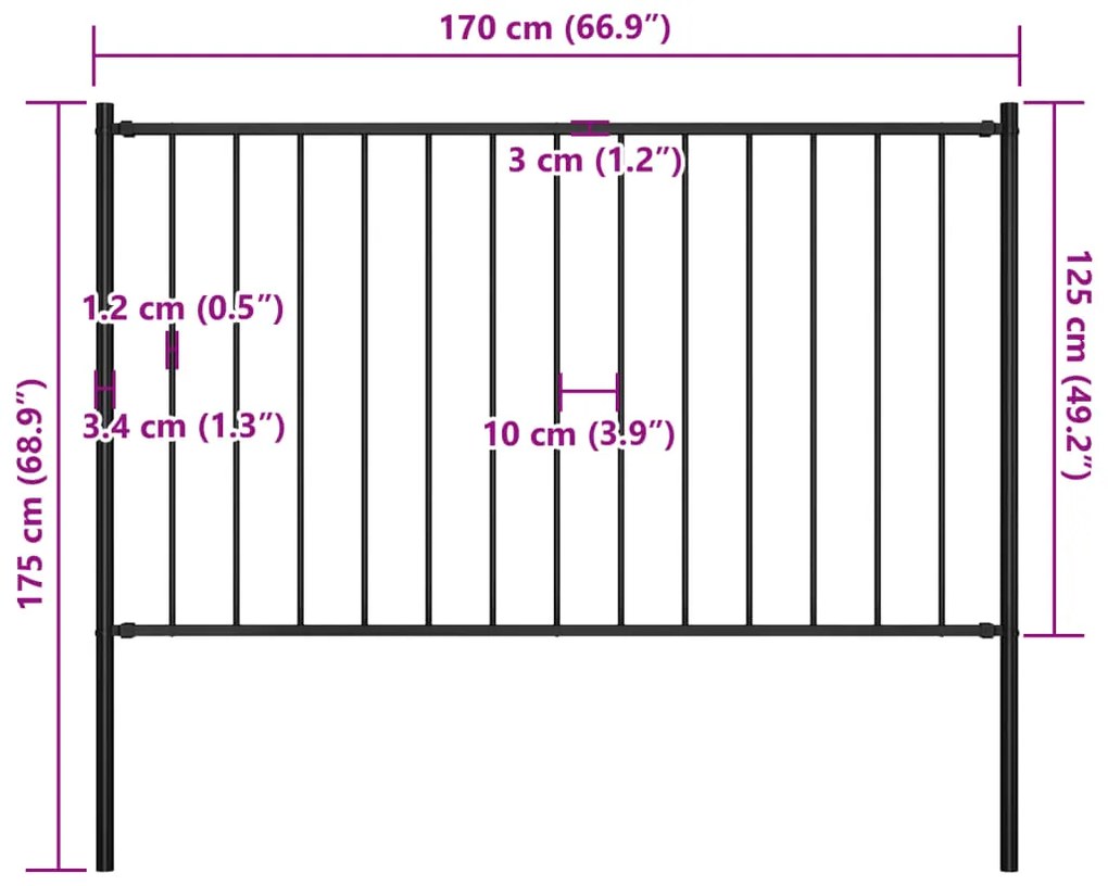 vidaXL Πάνελ Περίφραξης Μαύρο 1,7x1,25 μ. Ατσάλι Ηλεκτρ. Βαφή + Στύλοι