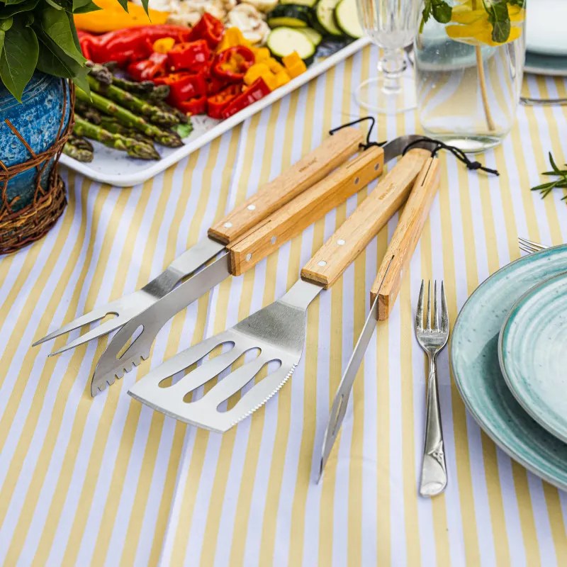Σετ από 3 σκεύη BBQ Kinghoff KH 1918, Σπάτουλα, Σπάτουλα, Πιρούνι, Ξύλινες λαβές, Βρόχοι για κρέμασμα, Inox/καφέ