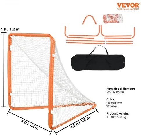 VEVOR Lacrosse Goal, 4' x 4' Small Kids Lacrosse Net, Folding Portable Lacrosse Goal with Carry Bag, Iron Frame Backyard Training Equipment, Quick & Easy Setup, Perfect for Youth Training, Orange