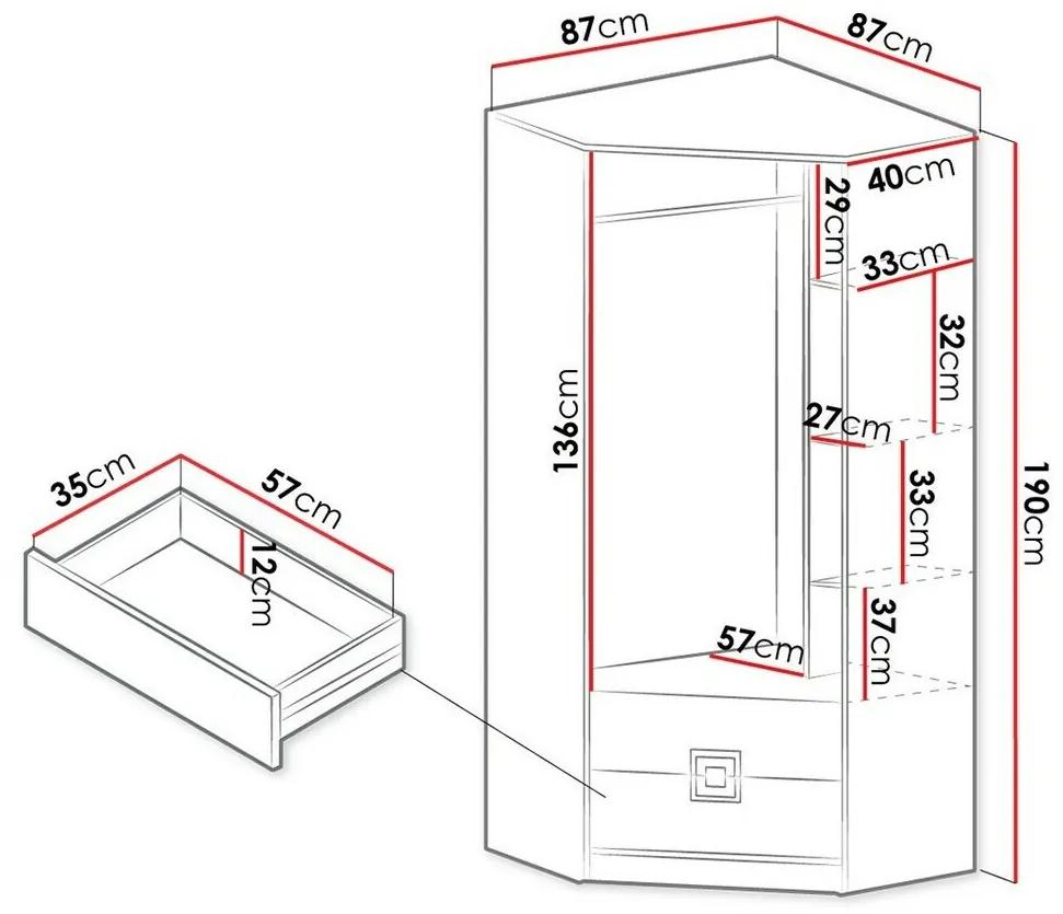 Γωνιακή ντουλάπα Akron F102, Άσπρο, Ελαφριά δρυς, 190x87x87cm, 84 kg, Πόρτες ντουλάπας: Με μεντεσέδες, Αριθμός ραφιών: 3, Αριθμός ραφιών: 3