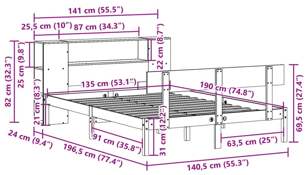 Κρεβάτι Βιβλιοθήκη Χωρίς Στρώμα Λευκό 135x190 εκ Μασίφ Πεύκο - Λευκό