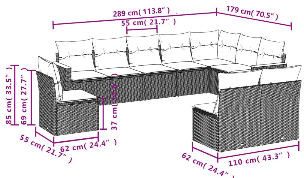 vidaXL Σαλόνι Κήπου Σετ 10 Τεμαχίων Μαύρο Συνθετικό Ρατάν με Μαξιλάρια
