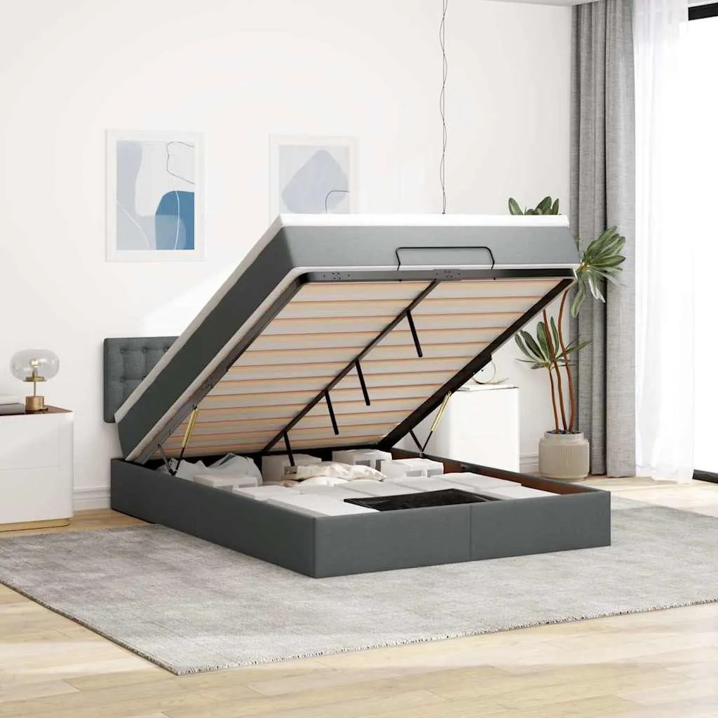 vidaXL Οθωμανικό κρεβάτι με στρώμα &amp; LEDs Σκούρο γκρι 140x200cm Ύφασμα