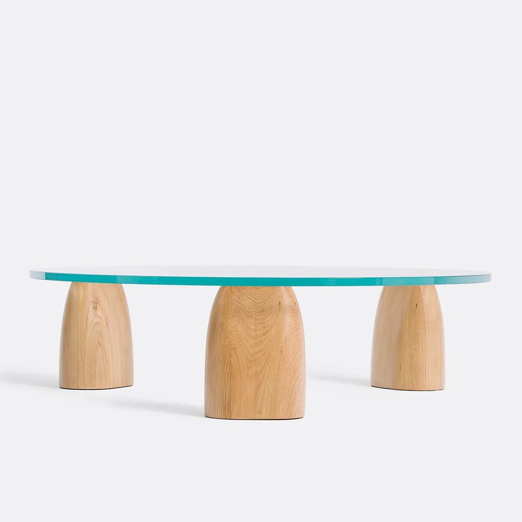 Στρογγυλό χαμηλό τραπεζάκι από ξύλο δρυ και γυαλί, Clay