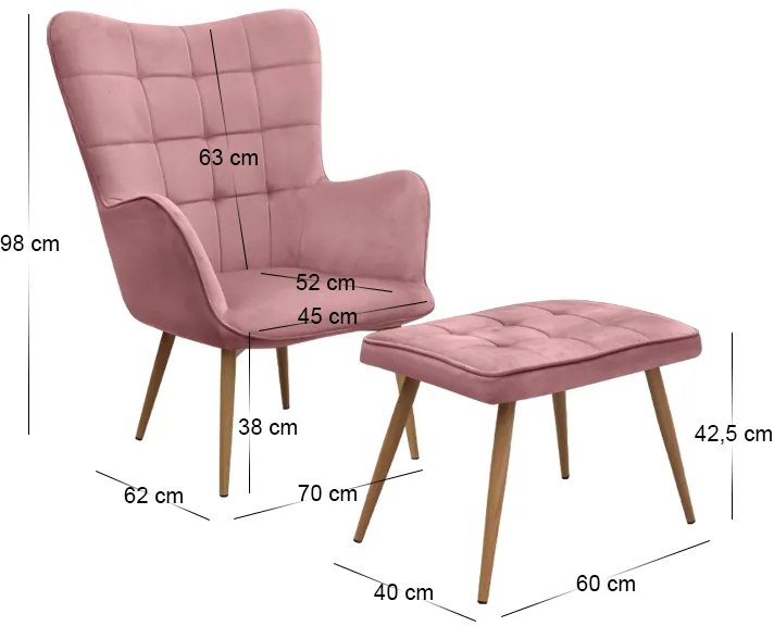 Πολυθρόνα - Μπερζέρα με υποπόδιο Lily Megapap σάπιο μήλο βελούδο - μεταλλικό πόδι χρώμα φυσικό 70x62x98εκ.