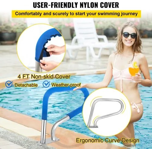 VEVOR Pool Rail 30x22&quot; Pool Railing 304 Stainless Steel 250LBS Load Capacity Silver Rustproof Pool Handrail Humanized Swimming Pool Handrail with Blue Grip Cover &amp; M8 Drill Bit &amp; Self-taping Screws