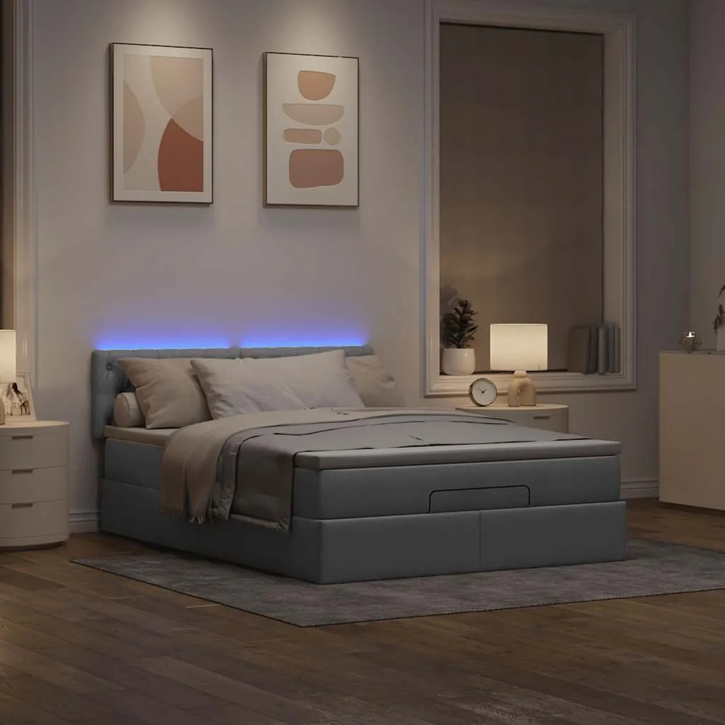 vidaXL Οθωμανικό κρεβάτι με στρώμα & LEDs Ανοιχτό γκρι ύφασμα