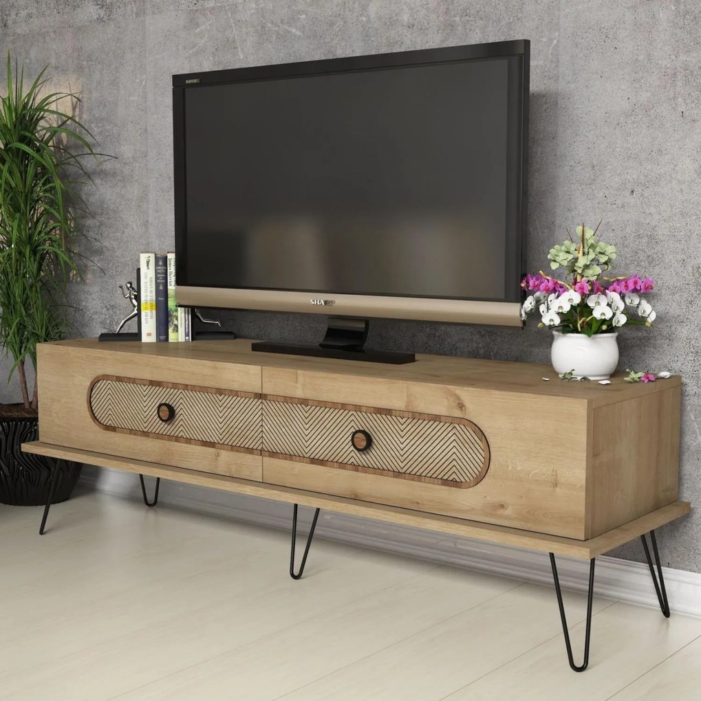 Έπιπλο τηλεόρασης C9511.02 Μελαμίνη σε Φυσικό OAK και Μεταλλικά πόδια 145x40x45Yεκ. 145x40x45 εκ.