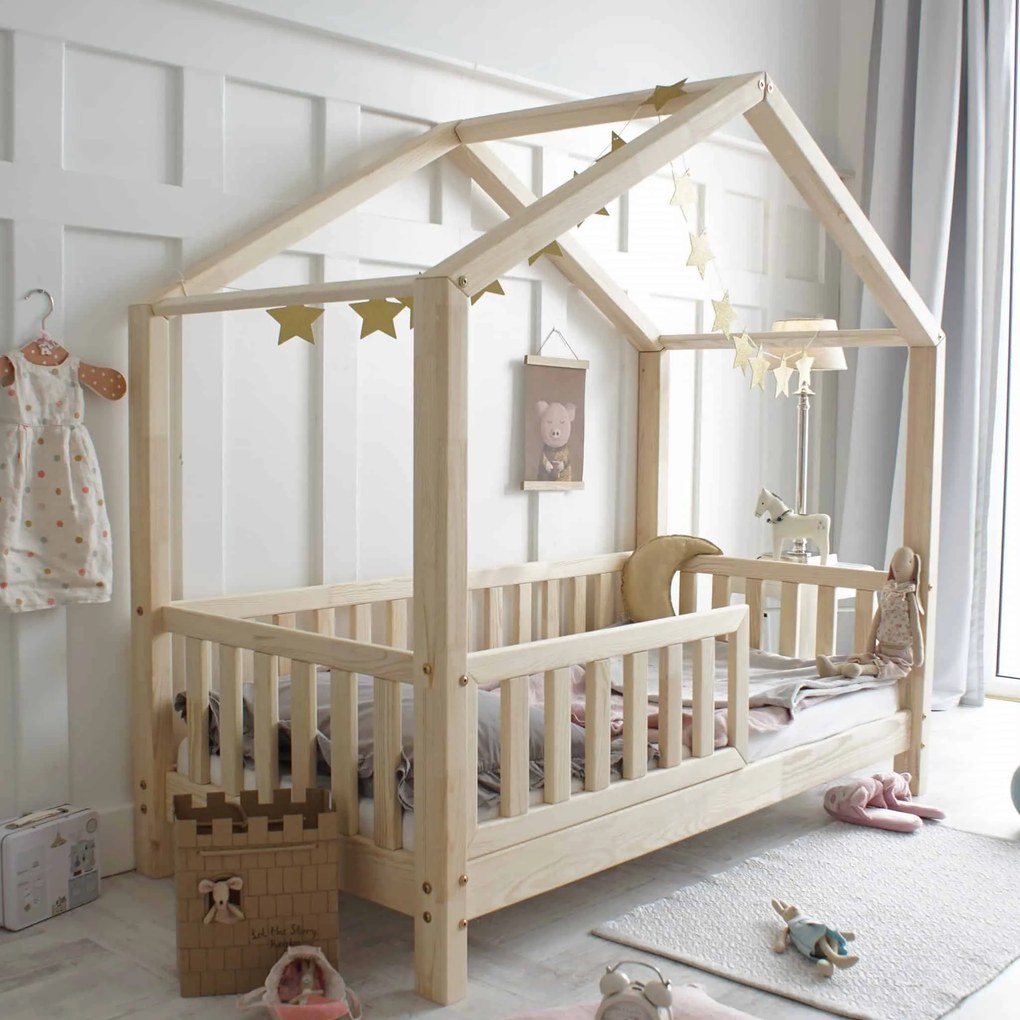 Κρεβάτι Παιδικό Montessori House Bed με κάγκελα 30cm σε Φυσικό  Ξύλο  90×190cm  Luletto (Δώρο 10% έκπτωση στο Στρώμα)