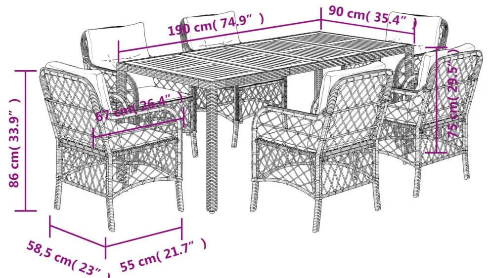 vidaXL Σετ Τραπεζαρίας Κήπου 7 Τεμ. Μαύρο Συνθετικό Ρατάν με Μαξιλάρια