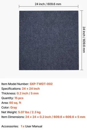VEVOR Carpet Tiles 610x610 mm 15 Pack Peel and Stick Rug Self Adhesive Gray