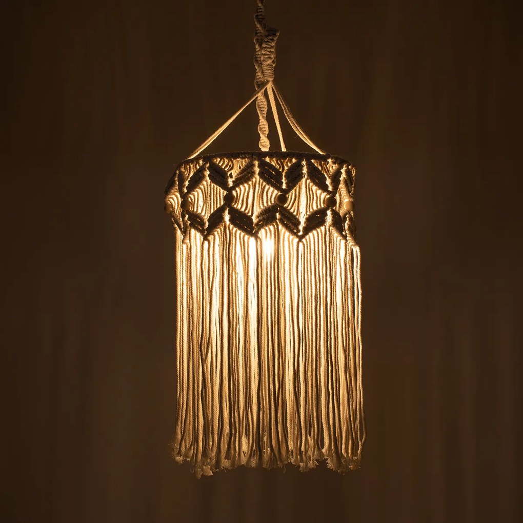 GloboStar CONGO 36206 Boho - Μακραμέ - Macrame Κρεμαστό Φωτιστικό Οροφής Μονόφωτο 1 x E27 Πλεκτό Χειροποίητο Μπεζ Υφασμάτινο με Σχοινί Φ30 x Υ50cm - 36206