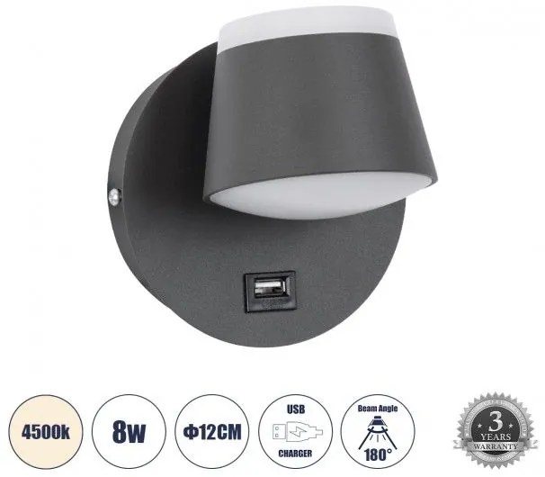 Απλίκα Φωτιστικό Τοίχου Ξενοδοχείου LED 8W 920lm REGENCY Globostar 61375 Ανθρακί