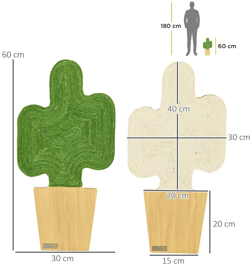 PawHut Σετ 2 Τροχιστές Κορμούς για Γάτες, Σχέδιο Κάκτου για Επιτοίχια Τοποθέτηση, 30 cm x 60 cm, Δρυς+Λευκό+Πράσινο