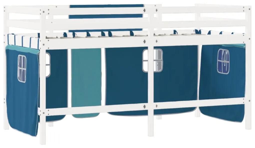 Υπερυψ. Κρεβάτι με Κουρτίνες Μπλε 90x200 εκ. Μασίφ Ξύλο Πεύκου - Μπλε
