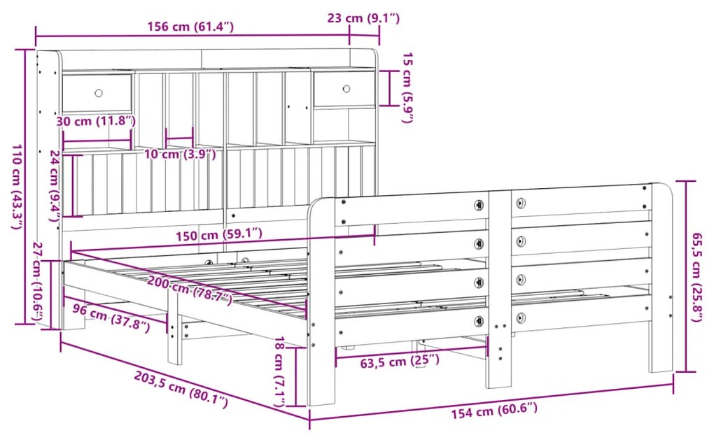 Κρεβάτι Βιβλιοθήκη Χωρίς Στρώμα 150x200 εκ Μασίφ Ξύλο Πεύκου - Καφέ