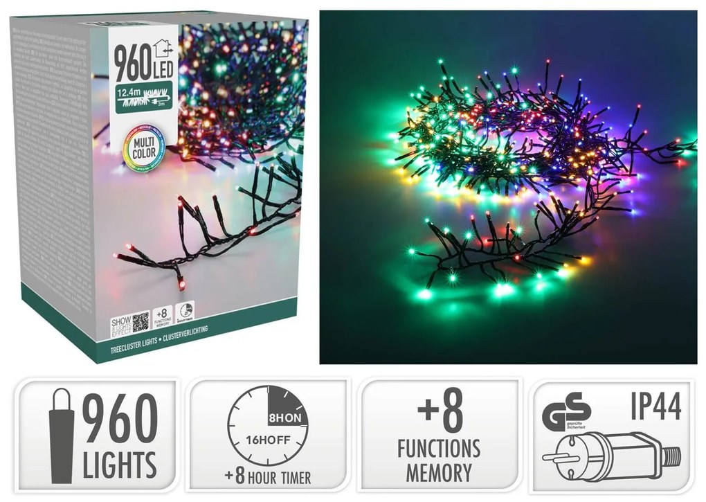 960 Φωτάκια LED - 12.4 Μέτρα + 3 Μέτρα σύνδεσης, Κανονική Διάταξη, με χειριστήριο, 8 προγράμματα, Πράσινο καλώδιο PVC - Πολύχρωμο