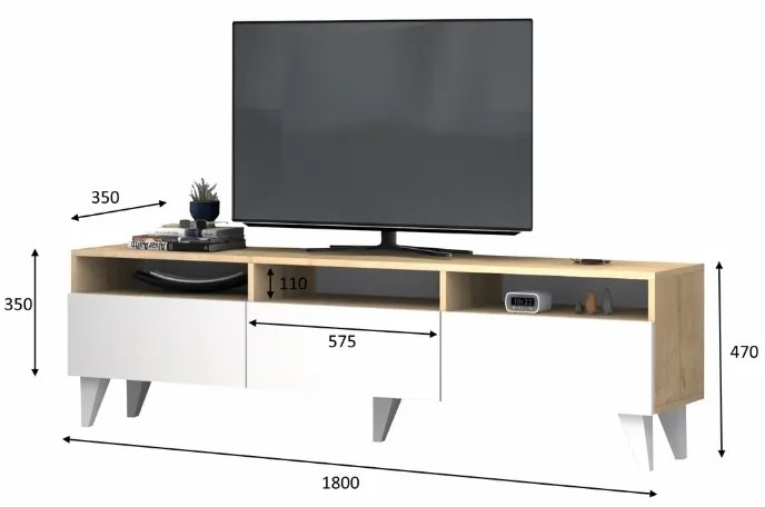 Έπιπλο τηλεόρασης Deluxe Megapap χρώμα λευκό - φυσικό οξιάς 180x35x47cm.
