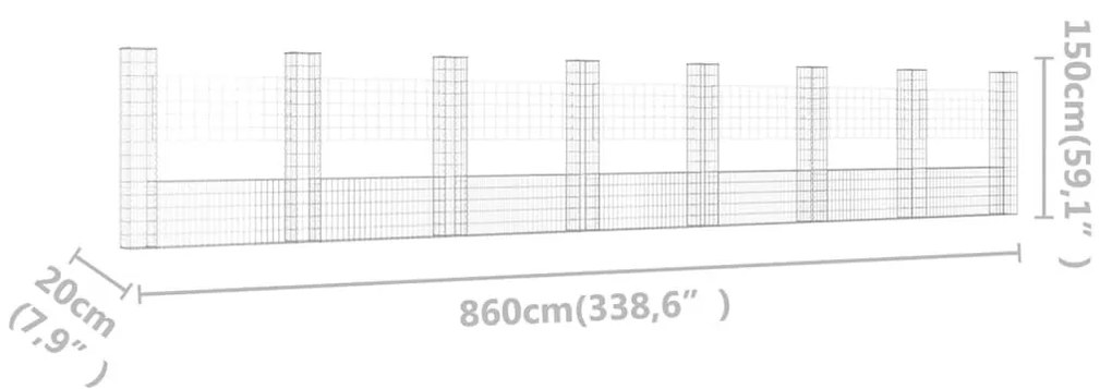 Συρματοκιβώτιο σε U Σχήμα με 8 Στύλους 860x20x150 εκ Σιδερένιο - Ασήμι