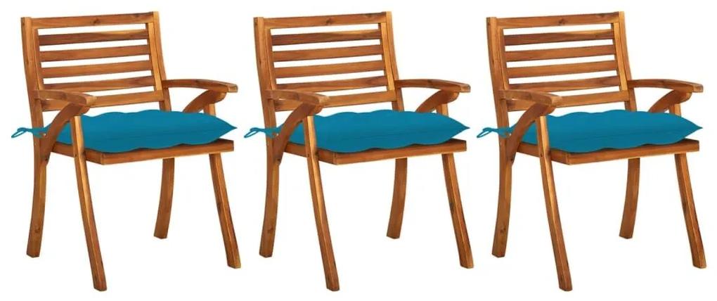 Καρέκλες Τραπεζαρίας Κήπου 3 τεμ Μασίφ Ξύλο Ακακίας &amp; Μαξιλάρια - Μπλε
