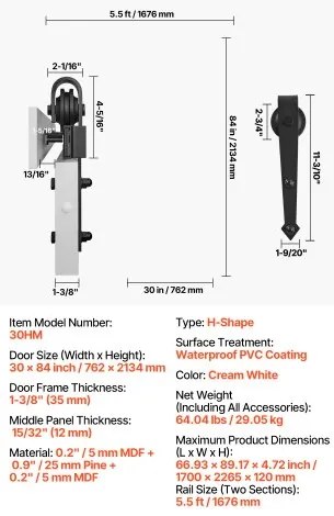 VEVOR Sliding Barn Door with Hardware Kit 762 x 2134mm MDF Panel PVC Surface