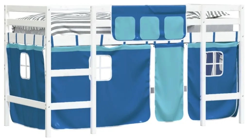Υπερυψ. Κρεβάτι με Κουρτίνες Μπλε 80x200 εκ. Μασίφ Ξύλο Πεύκου - Μπλε