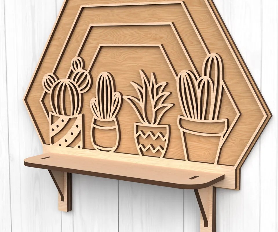 Intra απο ξύλο plywood 3mm-4mm πάχος Ράφι τοίχου Κάκτου – Δίασταση 15x15 cm INTRAFABR-118541978