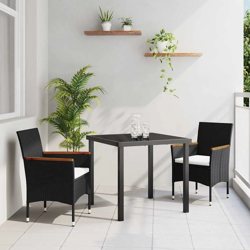 vidaXL Σέτ φαγητού για κήπο με μαξιλάρι 3 pcs Μαύρο Πολυ ράταν
