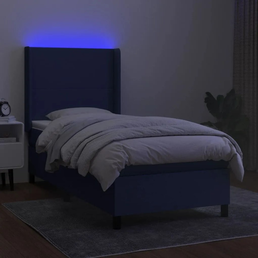 Κρεβάτι Boxspring με Στρώμα &amp; LED Μπλε 90x190 εκ. Υφασμάτινο - Μπλε