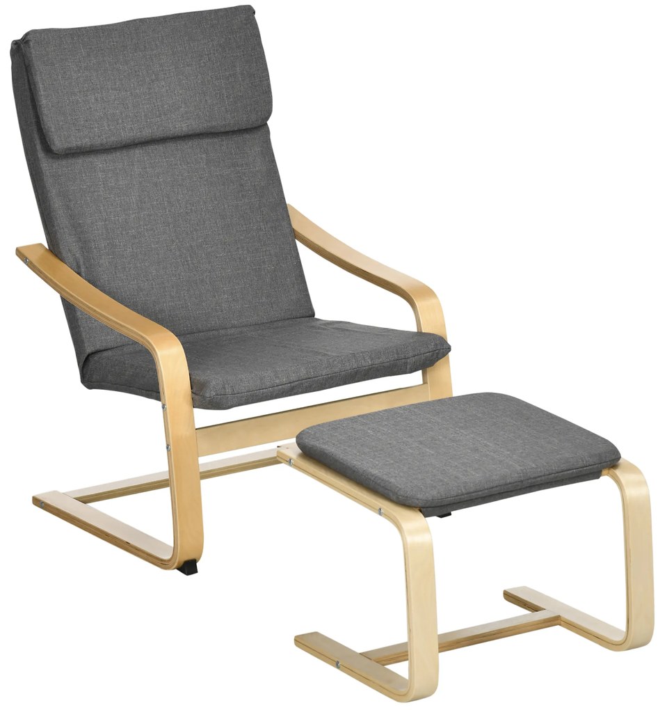 HOMCOM Πολυθρόνα με υποπόδιο, σετ πολυθρόνας, έως 120 kg, όψη λινό, μασίφ ξύλο, Γκρι + Φυσικό, 66,5 x 80 x 99 cm