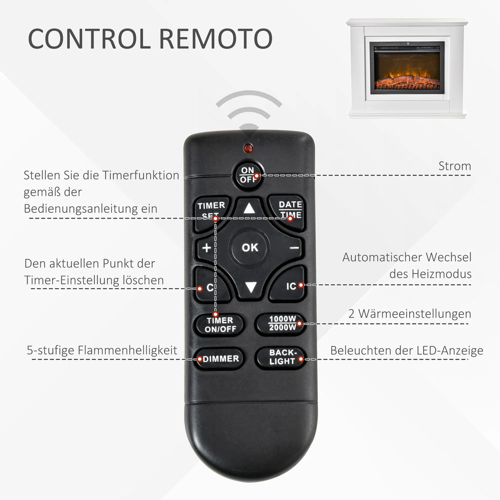 HOMCOM Ηλεκτρικό τζάκι, 3D LED φλόγες, τηλεχειριστήριο, χρονοδιακόπτης, MDF, Λευκό