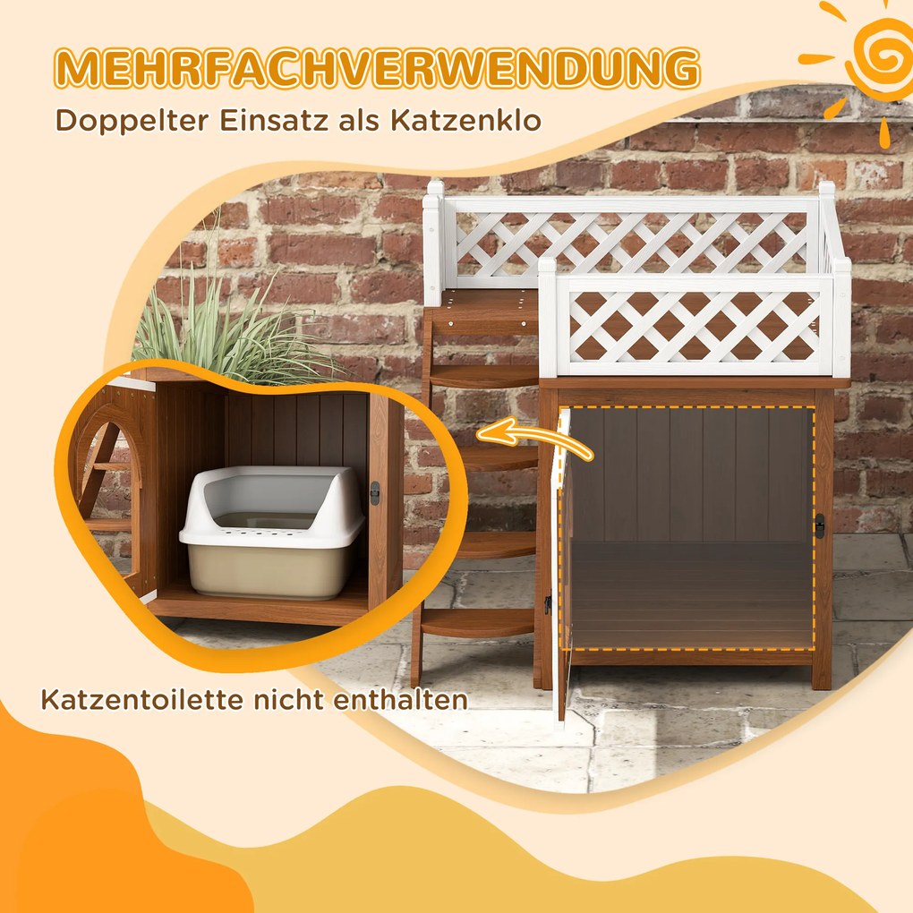 Σπιτάκι γάτας PawHut, διώροφο, με μπαλκόνι και σκάλα, για εσωτερικούς και εξωτερικούς χώρους, για γάτες και κουνέλια, ξύλο ελάτης, καφέ
