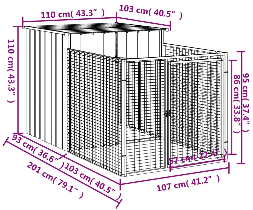 vidaXL Σπιτάκι Σκύλου με Αυλή Ανθρακί 110x201x110 εκ. Γαλβαν. Χάλυβας