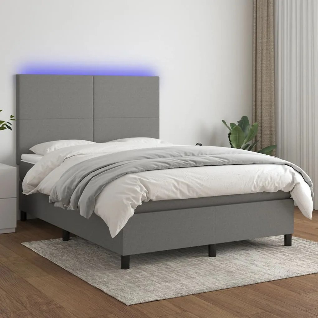Κρεβάτι Boxspring με Στρώμα & LED Σκ.Γκρι 140x190εκ. Υφασμάτινο