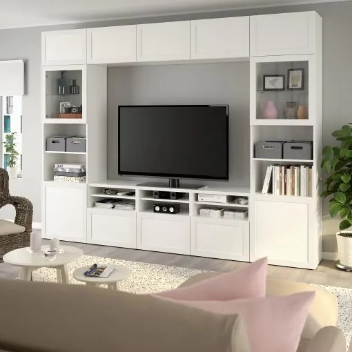 BESTÅ σύνθεση αποθήκευσης TV/γυάλινες πόρτες/συρτάρια με μαλακό κλείσιμο, 300x42x231 cm 494.112.41