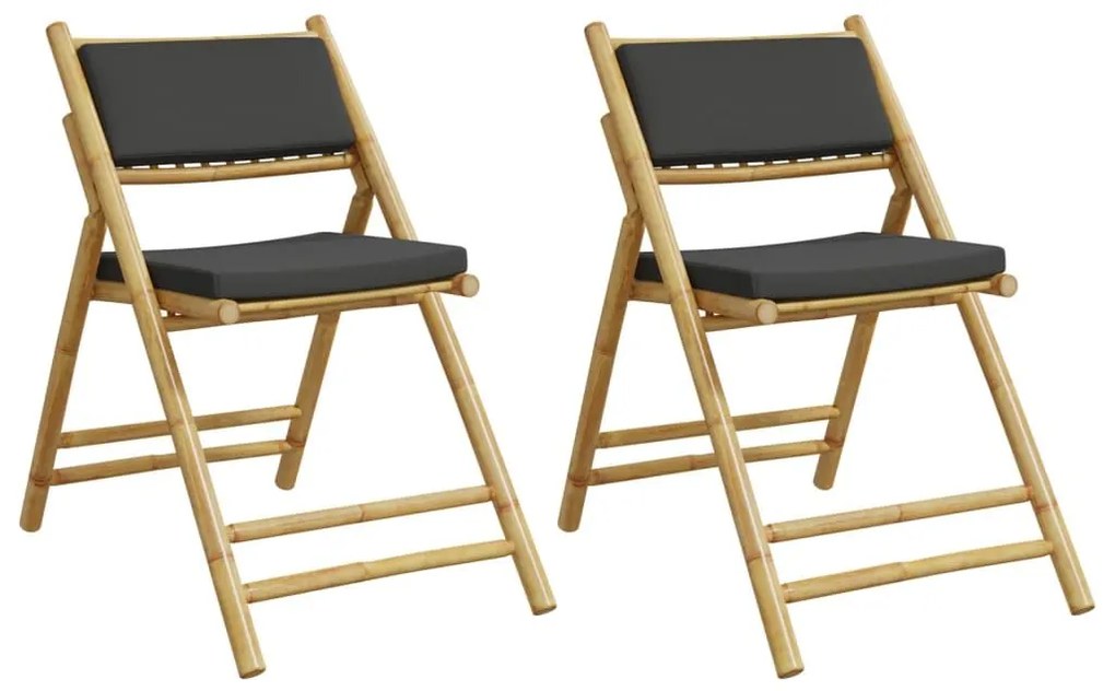 Καρέκλες Bistro Πτυσσόμενες 2 τεμ. Μπαμπού με Σκ.Γκρι Μαξιλάρια - Καφέ