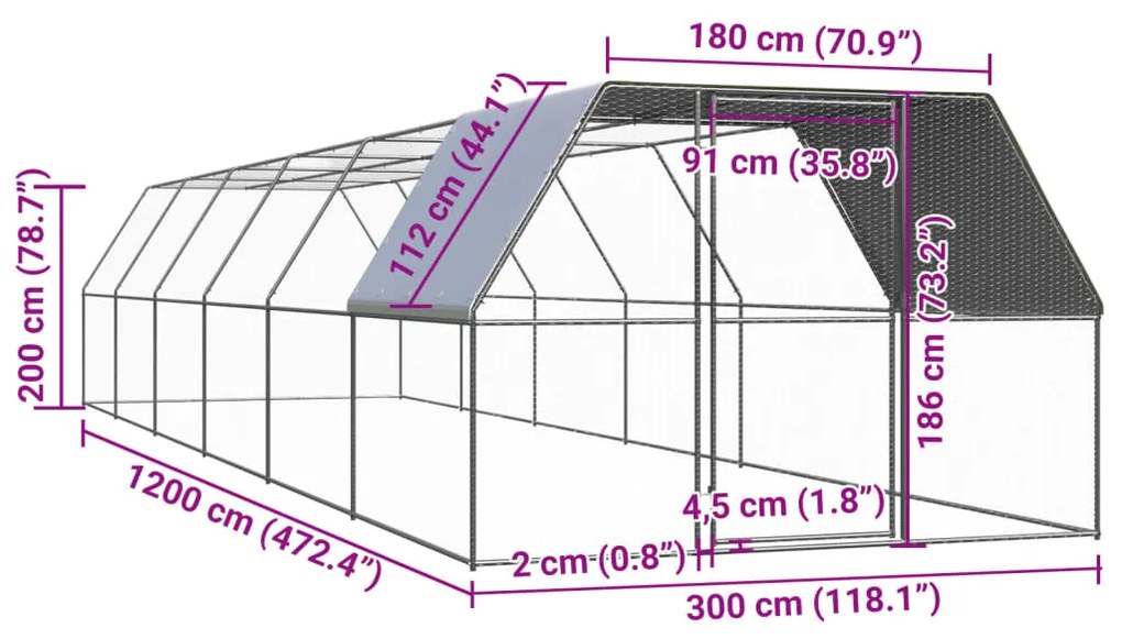 vidaXL Κοτέτσι - Κλουβί Εξωτ. Χώρου 3x12x2 μ. από Γαλβανισμένο Χάλυβα