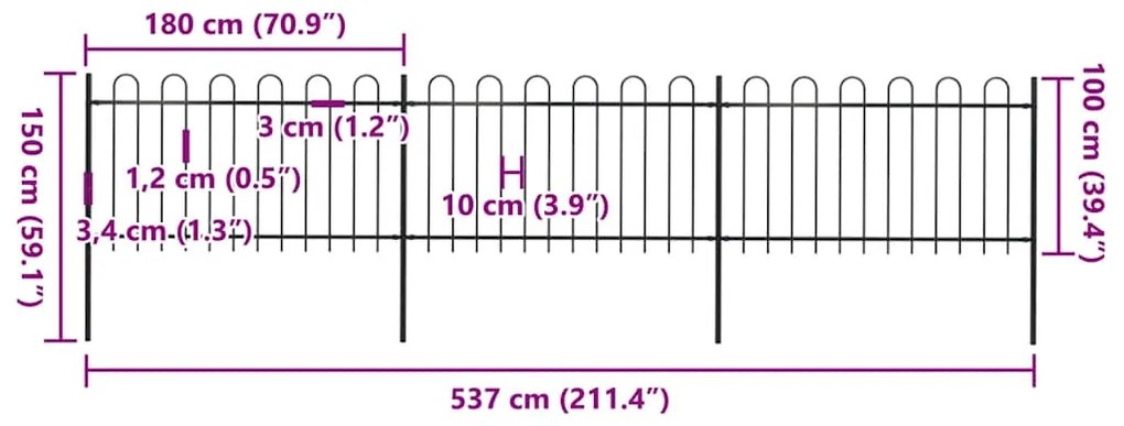 vidaXL Φράχτης Κήπου με Κορυφή από Ατσάλι 537 x 100 εκ. Μαύρος