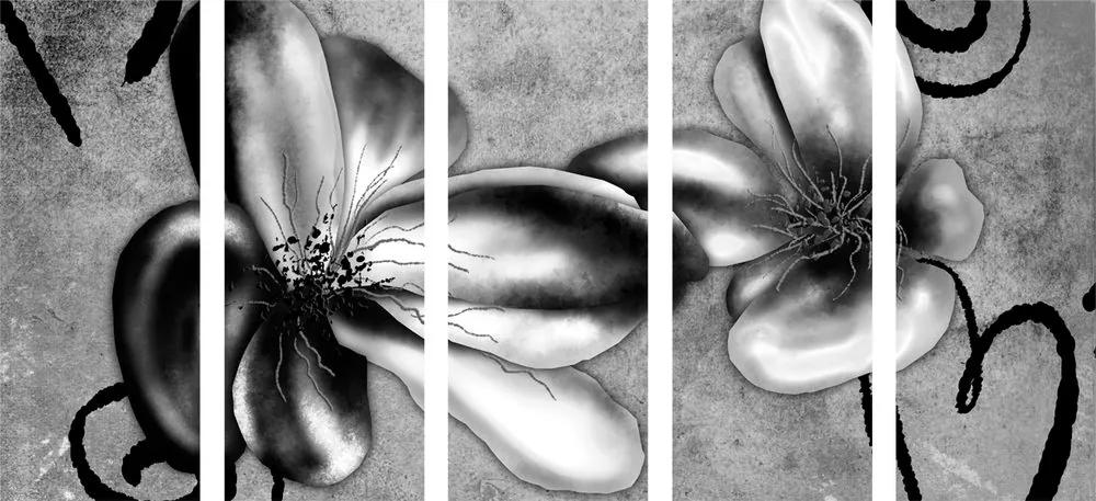 Εικόνα 5 μερών ενδιαφέροντα vintage λουλούδια σε μαύρο & άσπρο