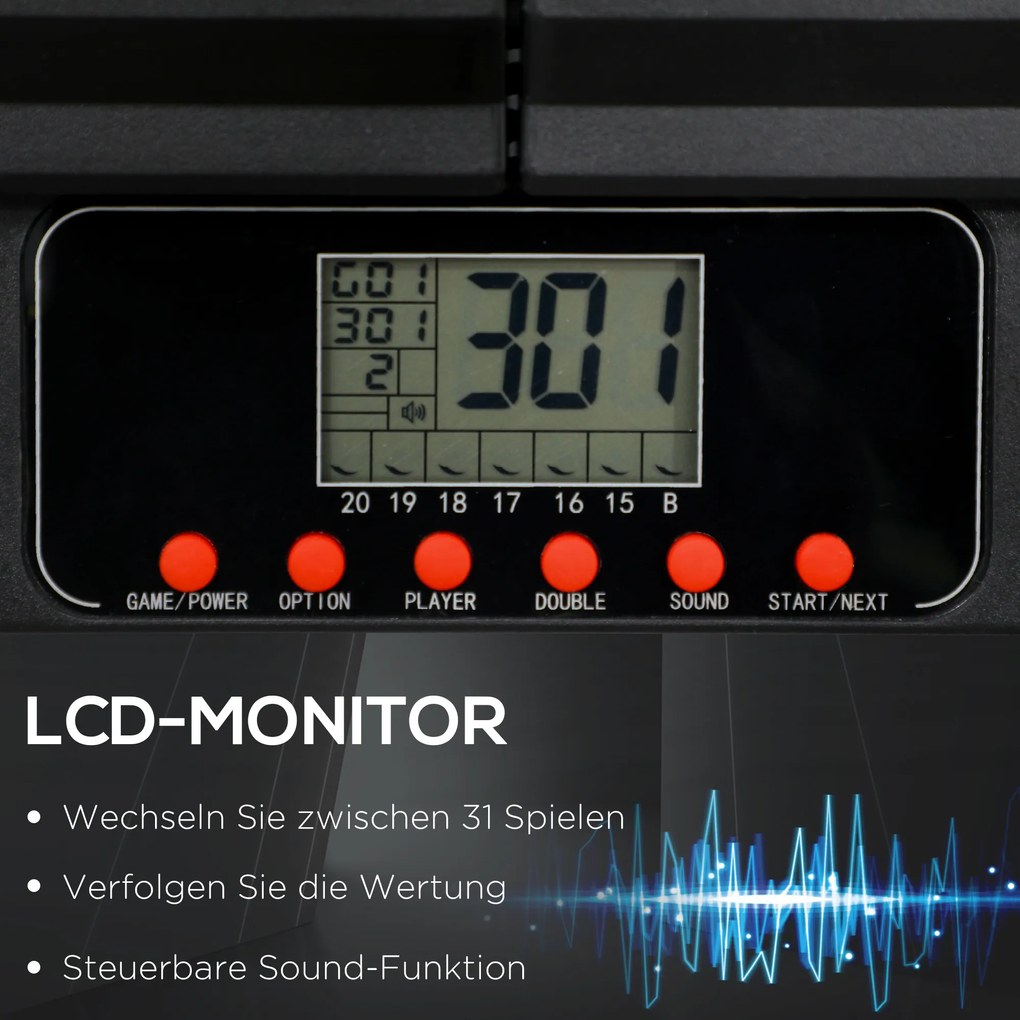 SPORTNOW Ηλεκτρονική σανίδα βελών, 31 παιχνίδια και 285 προγράμματα, για 8 παίκτες, 2 πόρτες, 6 βελάκια, ήχος, μαύρο, 83 x 45 x 4 cm