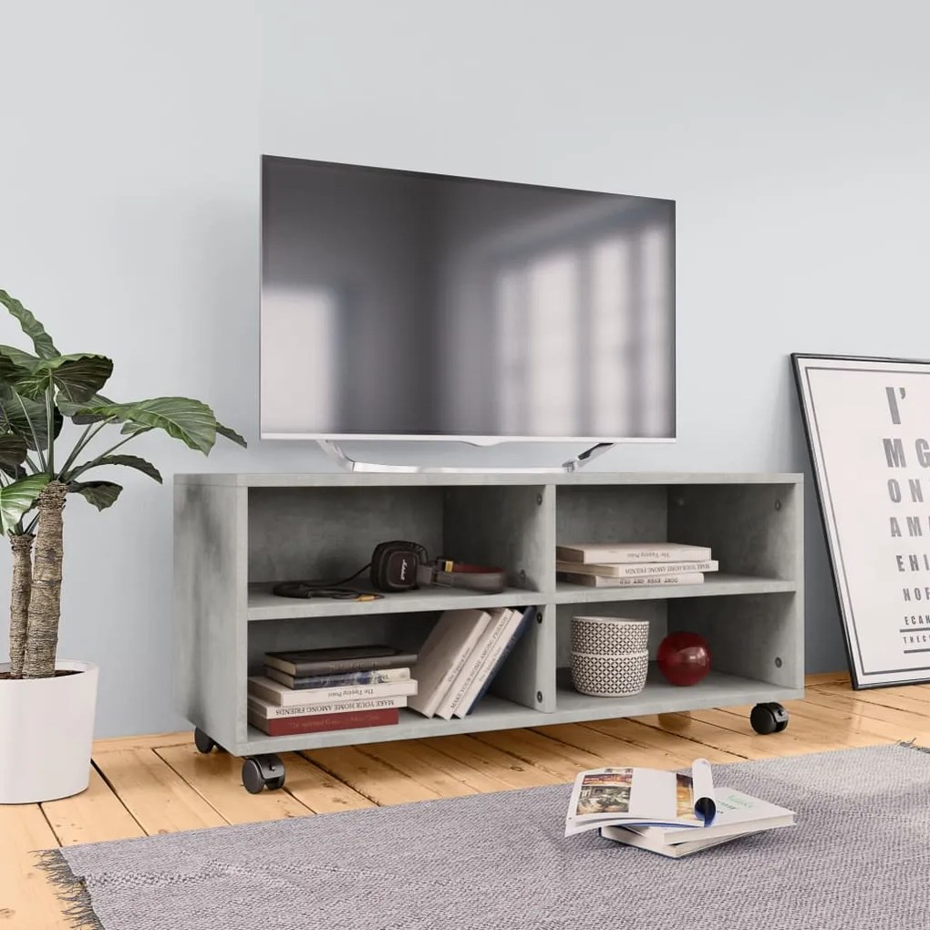 vidaXL Έπιπλο TV με Ρόδες Γκρι Σκυροδέματος 90x35x35 εκ. Επεξ. Ξύλο