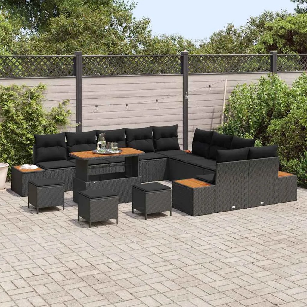 vidaXL Σετ Καναπέ Κήπου με μαξιλάρι 14 pcs Μαύρο Πολυ ράταν