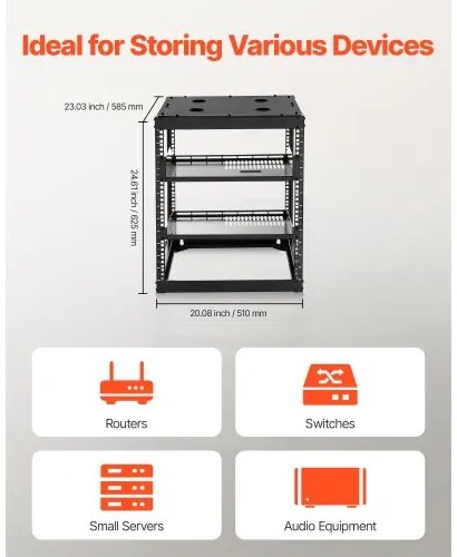 VEVOR 12U Open Frame Network Rack, 585 mm Depth, Wall Mounted or Floor Standing Server Rack, Heavy Duty 4 Post, with Vented Shelves &amp; Mounting Hardware, Holds All Your Networking IT Equipment AV Gear