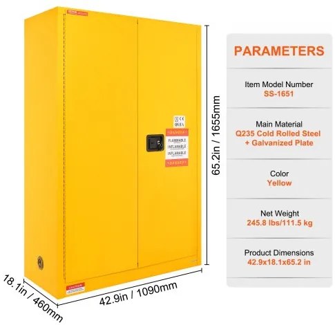 VEVOR Flammable Safety Cabinet, 45 Gal, Cold-Rolled Steel Flammable Liquid Storage Cabinet, 42.9 x 18.1 x 65.2 in Explosion Proof with 2 Adjustable Shelves 2 Manual Doors for Industrial Use, Yellow