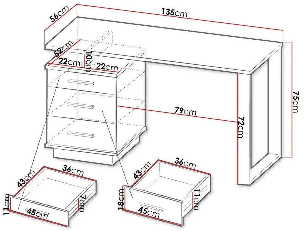 Τραπέζι γραφείου Ogden J107, Με συρτάρια, Αριθμός συρταριών: 3, 75x135x56cm, 41 kg, Wotan δρυς, Μαύρο | Epipla1.gr