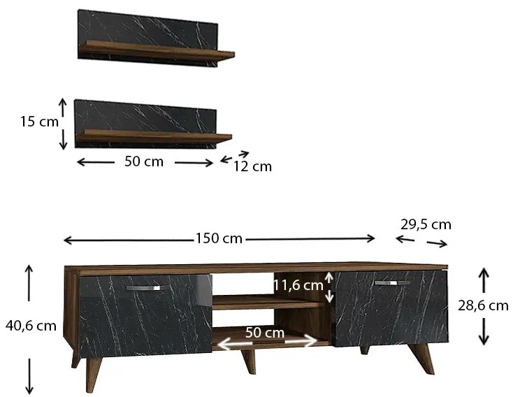 Έπιπλο τηλεόρασης Colin Megapap από μελαμίνη χρώμα καρυδί - μαύρο εφέ μαρμάρου 150x30x40,6εκ.